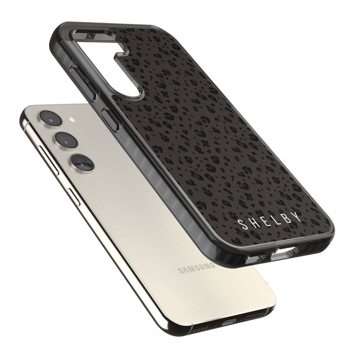Personalised Dark Leopard Samsung S22 / Samsung S22 Plus / Samsung S23 / Samsung S23 Plus / Samsung S24 / Samsung S24 Plus Impact Black Phone Case angled