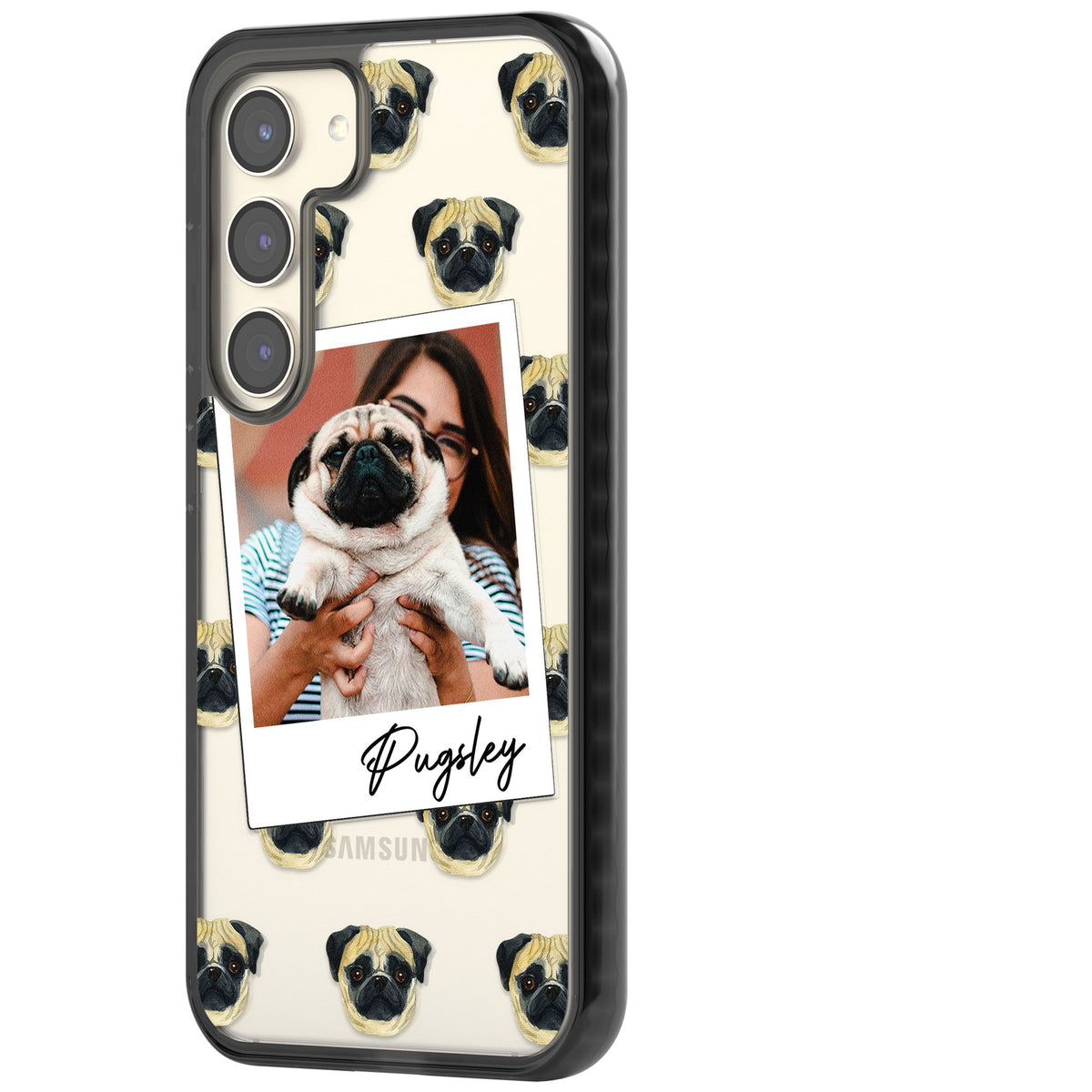 Personalised Pug Instant Camera Photo Samsung S22 / Samsung S22 Plus / Samsung S23 / Samsung S23 Plus / Samsung S24 / Samsung S24 Plus Impact Black Phone Case side