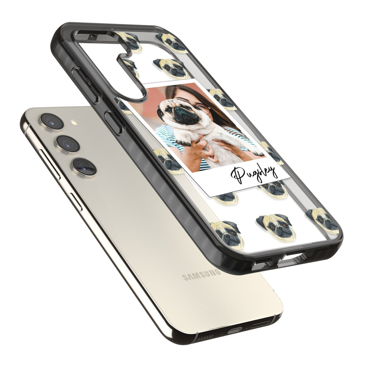 Personalised Pug Instant Camera Photo Samsung S22 / Samsung S22 Plus / Samsung S23 / Samsung S23 Plus / Samsung S24 / Samsung S24 Plus Impact Black Phone Case angled