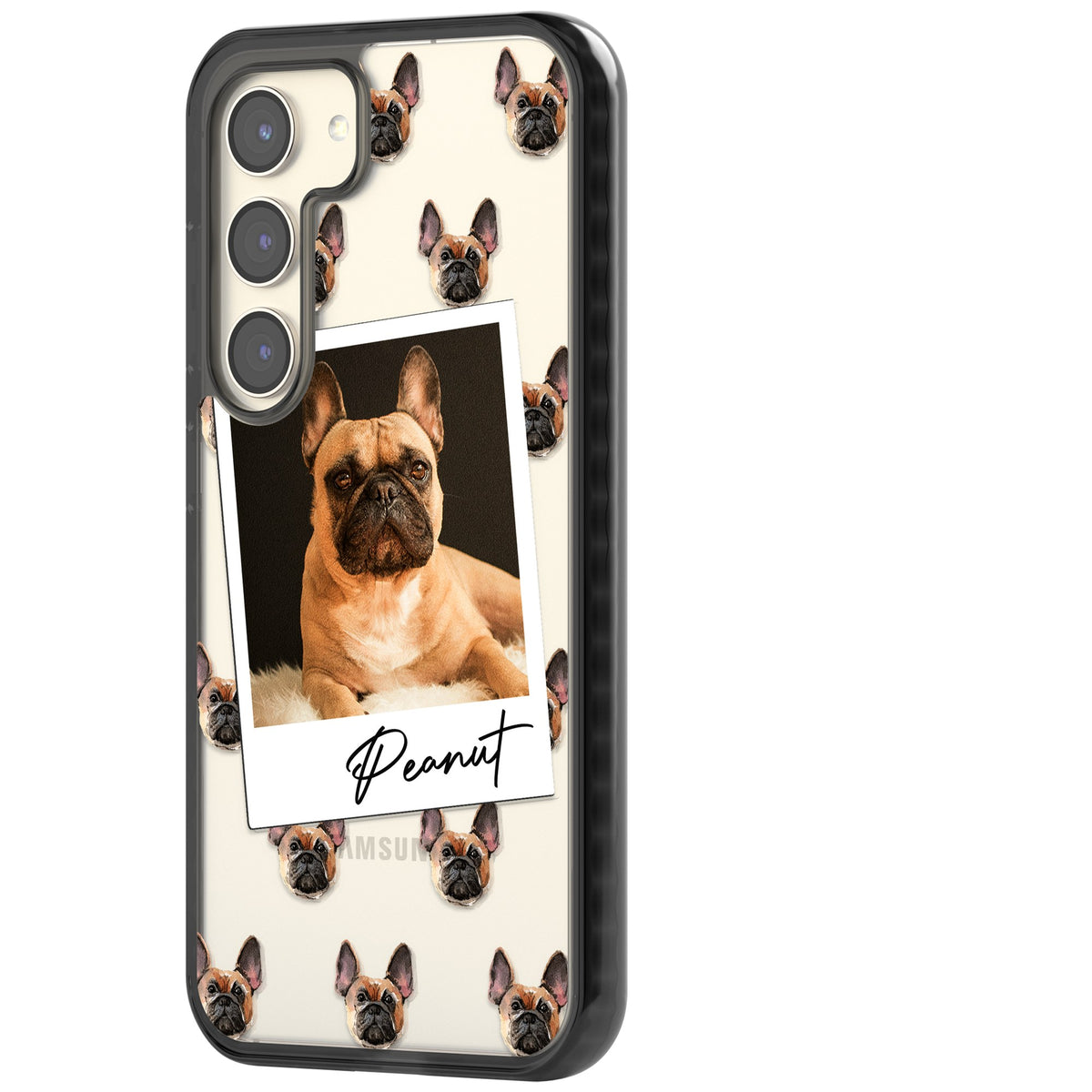 Personalised Tan French Bulldog Instant Camera Photo Samsung S22 / Samsung S22 Plus / Samsung S23 / Samsung S23 Plus / Samsung S24 / Samsung S24 Plus Impact Black Phone Case side