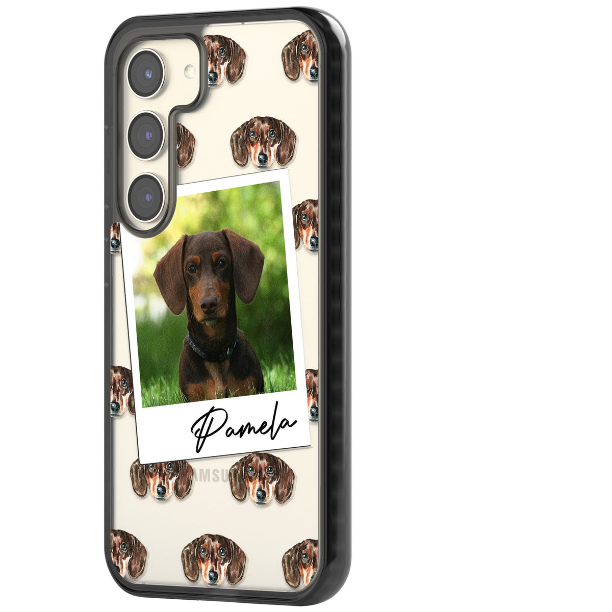 Personalised Brown Dachshund Instant Camera Photo Samsung S22 / Samsung S22 Plus / Samsung S23 / Samsung S23 Plus / Samsung S24 / Samsung S24 Plus Impact Black Phone Case side