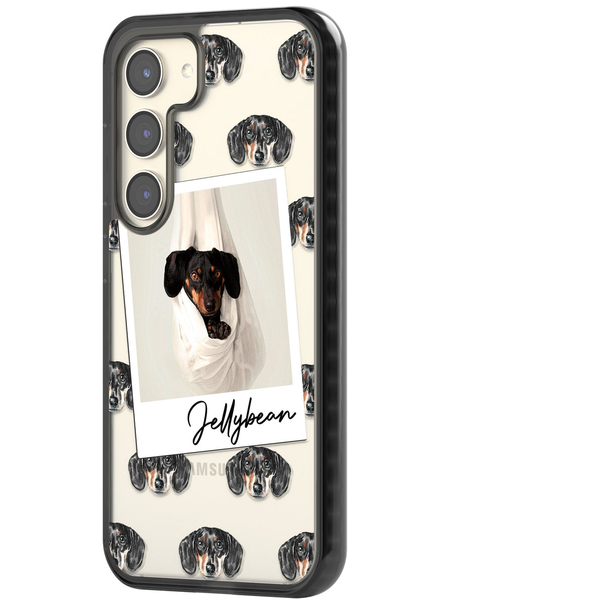 Personalised Black Dachshund Instant Camera Photo Samsung S22 / Samsung S22 Plus / Samsung S23 / Samsung S23 Plus / Samsung S24 / Samsung S24 Plus Impact Black Phone Case side