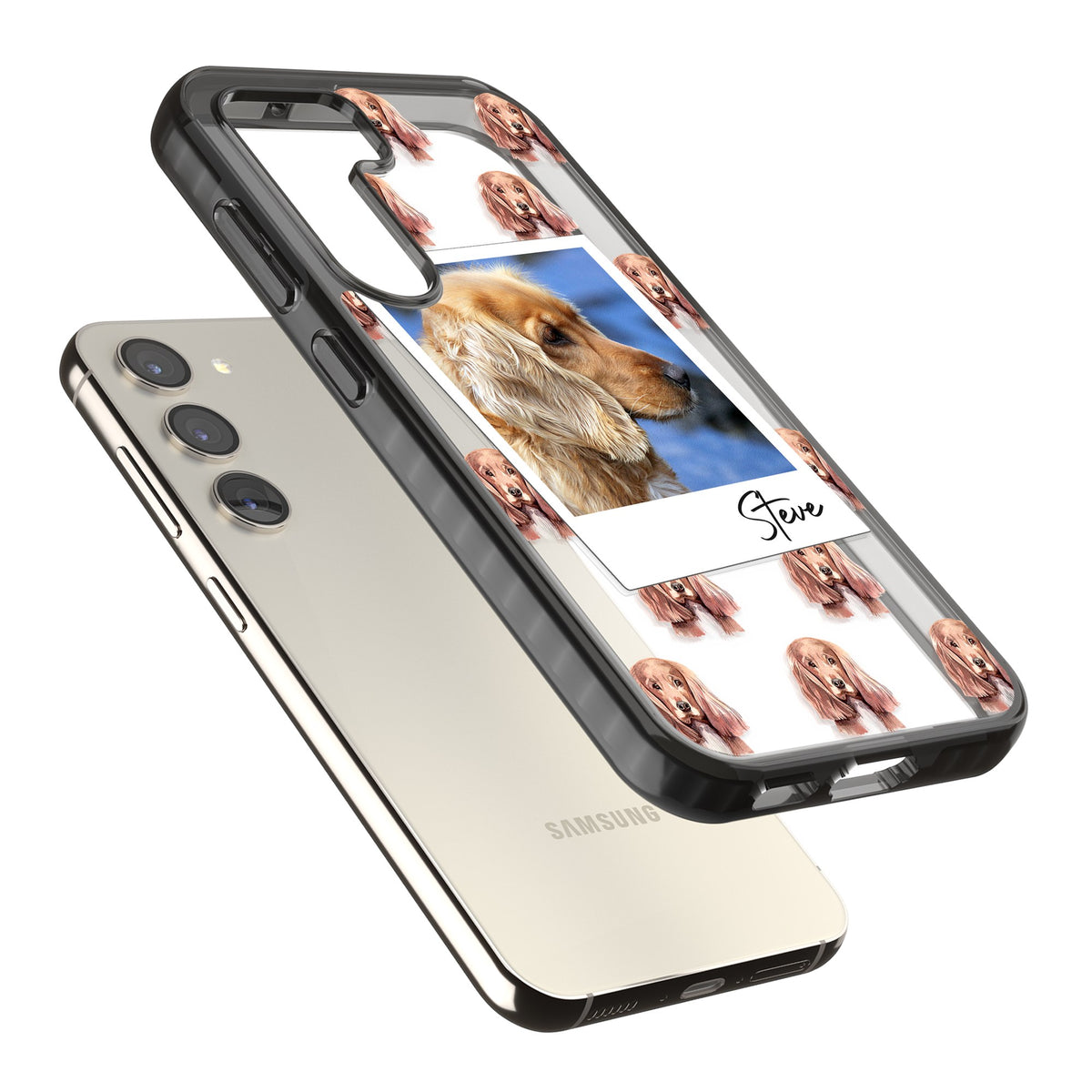 Personalised Cocker Spaniel Instant Camera Photo Samsung S22 / Samsung S22 Plus / Samsung S23 / Samsung S23 Plus / Samsung S24 / Samsung S24 Plus Impact Black Phone Case angled
