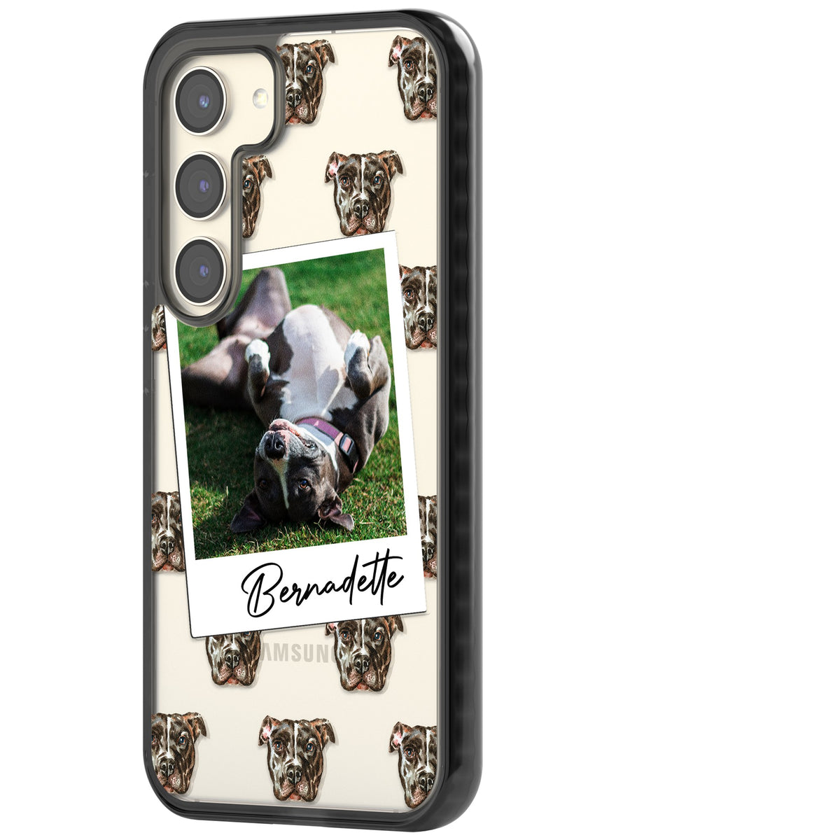 Personalised Staffordshire Bull Terrier Instant Camera Photo Samsung S22 / Samsung S22 Plus / Samsung S23 / Samsung S23 Plus / Samsung S24 / Samsung S24 Plus Impact Black Phone Case side