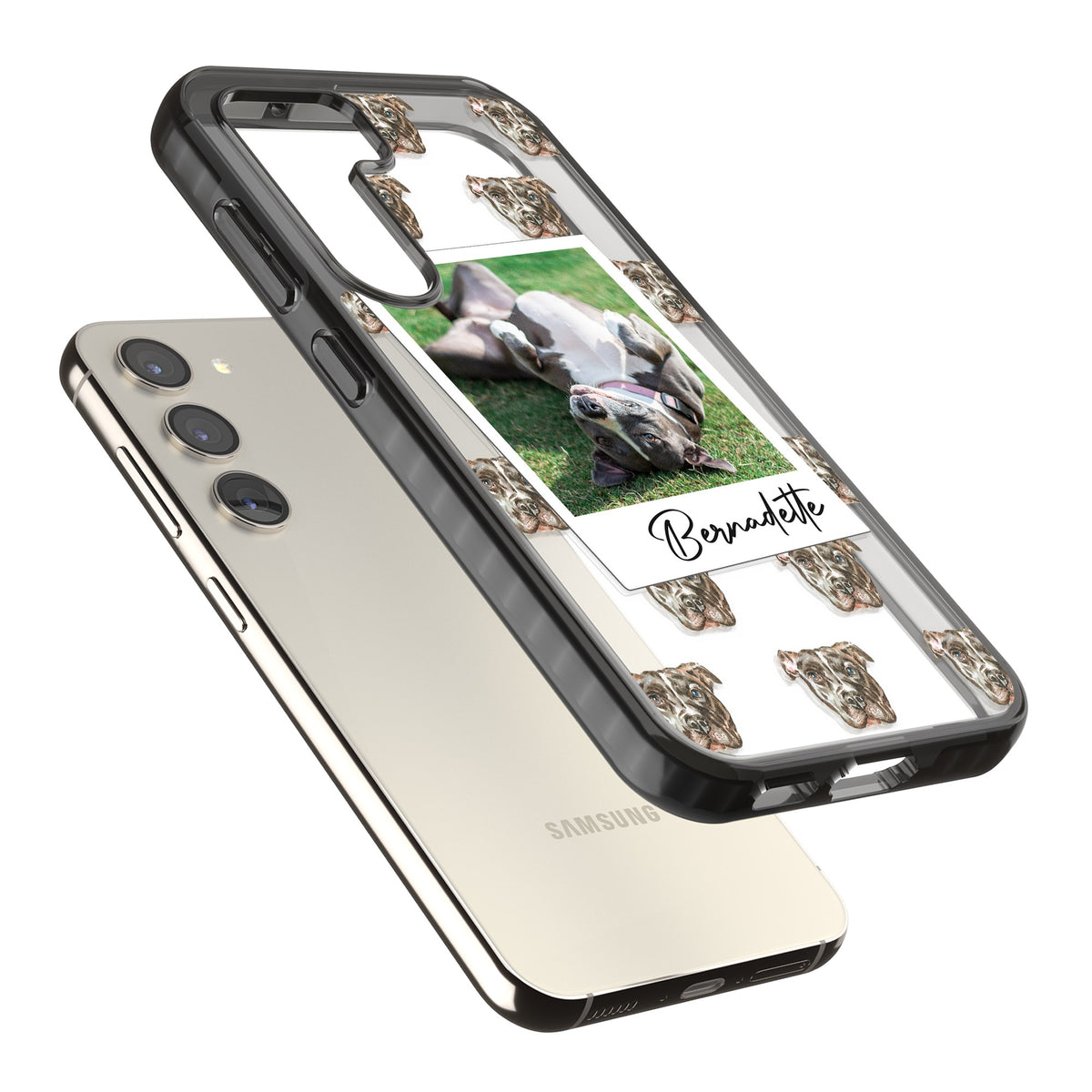 Personalised Staffordshire Bull Terrier Instant Camera Photo Samsung S22 / Samsung S22 Plus / Samsung S23 / Samsung S23 Plus / Samsung S24 / Samsung S24 Plus Impact Black Phone Case angled