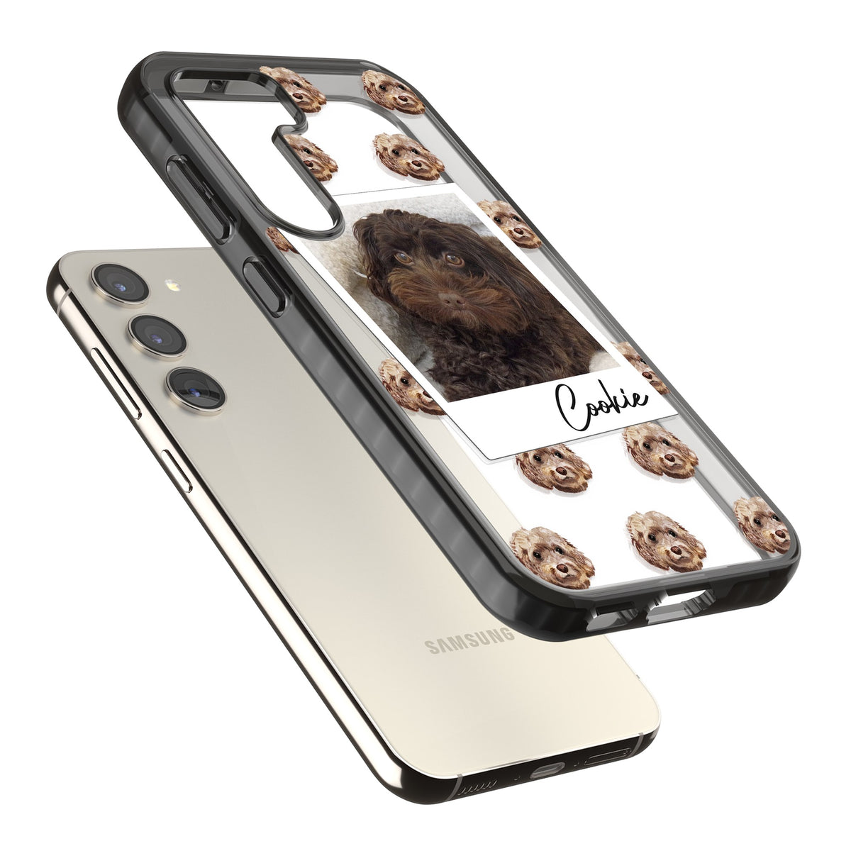 Personalised Brown Cockapoo Instant Camera Photo Samsung S22 / Samsung S22 Plus / Samsung S23 / Samsung S23 Plus / Samsung S24 / Samsung S24 Plus Impact Black Phone Case angled
