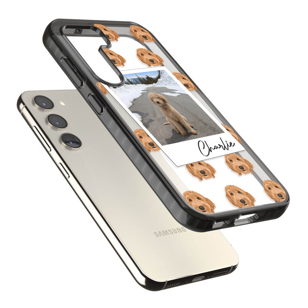 Personalised Golden Doodle Dog Photo Samsung S22 / Samsung S22 Plus / Samsung S23 / Samsung S23 Plus / Samsung S24 / Samsung S24 Plus Impact Black Phone Case angled