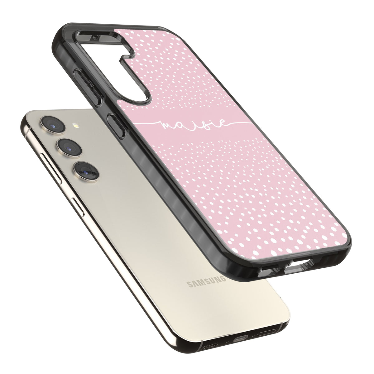 Personalised Pink Dots Samsung S22 / Samsung S22 Plus / Samsung S23 / Samsung S23 Plus / Samsung S24 / Samsung S24 Plus Impact Black Phone Case angled