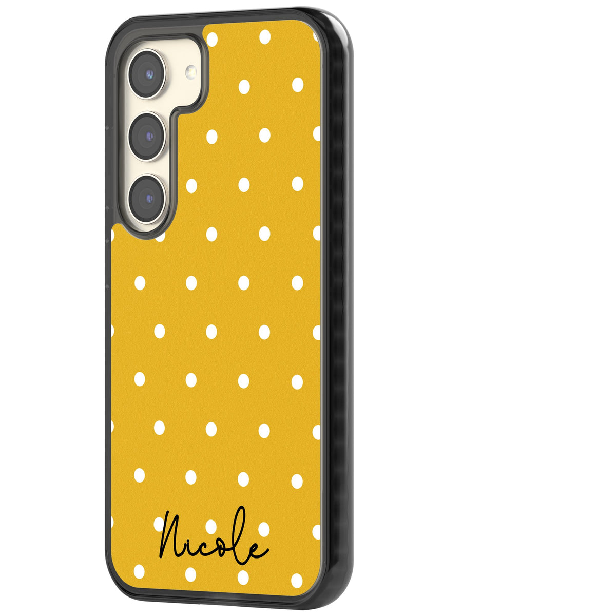 Personalised Yellow Polka Dot Samsung S22 / Samsung S22 Plus / Samsung S23 / Samsung S23 Plus / Samsung S24 / Samsung S24 Plus Impact Black Phone Case side