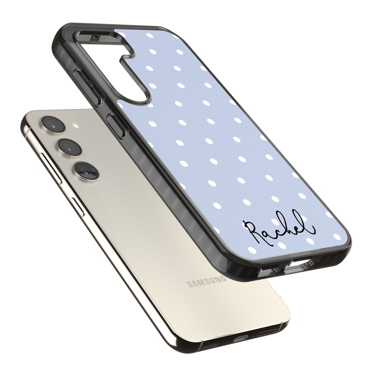 Personalised Powder Blue Dots Samsung S22 / Samsung S22 Plus / Samsung S23 / Samsung S23 Plus / Samsung S24 / Samsung S24 Plus Impact Black Phone Case angled