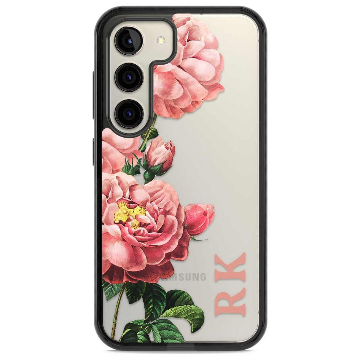 Personalised Clear Vintage Floral Pink Peonies Custom Phone Case Samsung S22 / Black Impact Case,Samsung S23 / Black Impact Case Blanc Space
