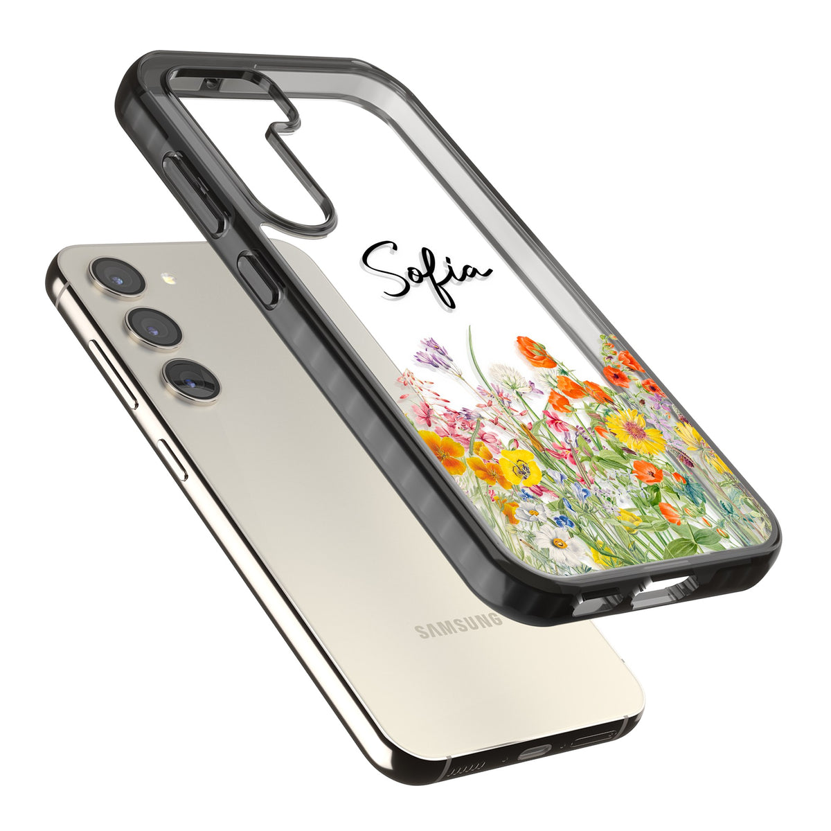 Personalised Summer Wildflowers Samsung S22 / Samsung S22 Plus / Samsung S23 / Samsung S23 Plus / Samsung S24 / Samsung S24 Plus Impact Black Phone Case angled