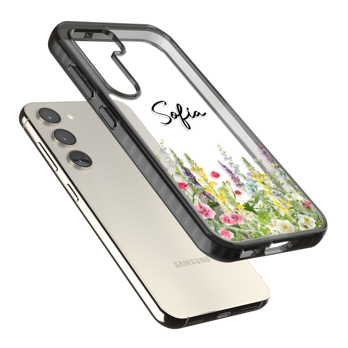 Personalised Garden Wildfowers Samsung S22 / Samsung S22 Plus / Samsung S23 / Samsung S23 Plus / Samsung S24 / Samsung S24 Plus Impact Black Phone Case angled