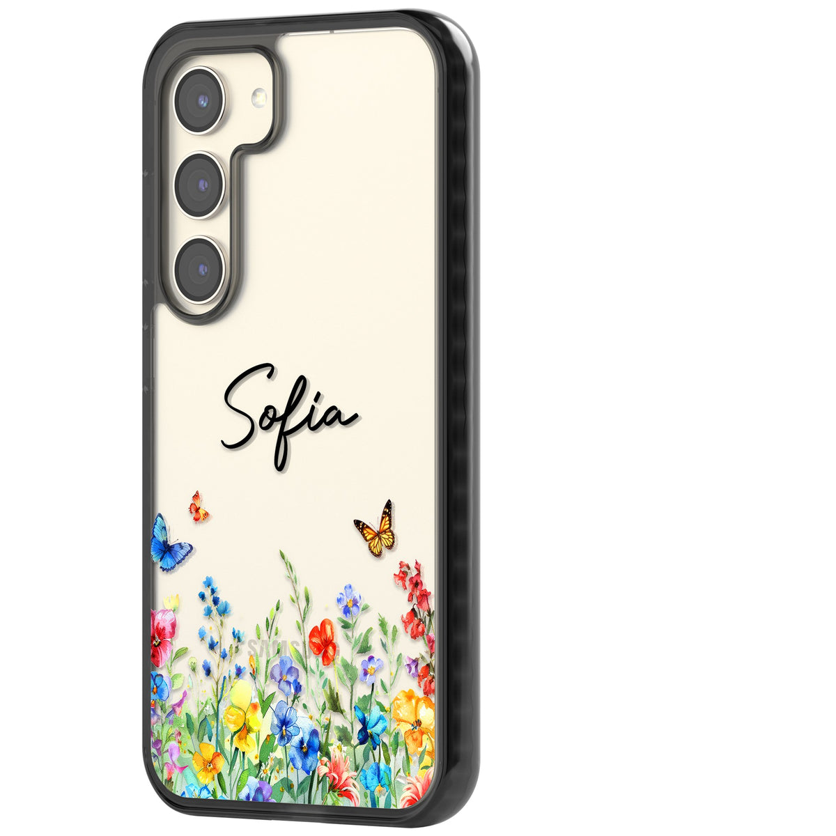 Personalised Buterflies Wildflowers Samsung S22 / Samsung S22 Plus / Samsung S23 / Samsung S23 Plus / Samsung S24 / Samsung S24 Plus Impact Black Phone Case side