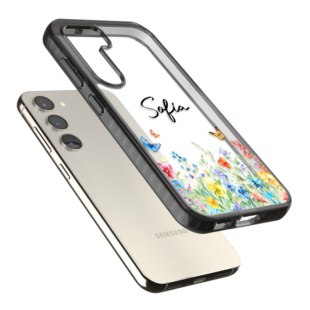 Personalised Buterflies Wildflowers Samsung S22 / Samsung S22 Plus / Samsung S23 / Samsung S23 Plus / Samsung S24 / Samsung S24 Plus Impact Black Phone Case angled