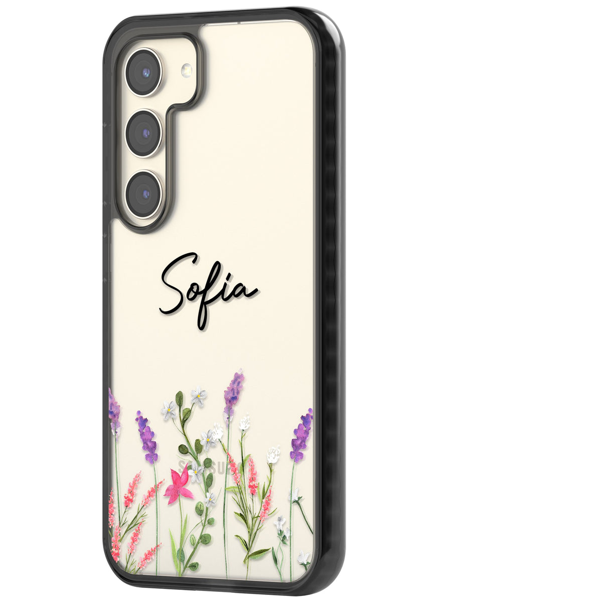 Personalised Lavender Wildflowers Samsung S22 / Samsung S22 Plus / Samsung S23 / Samsung S23 Plus / Samsung S24 / Samsung S24 Plus Impact Black Phone Case side