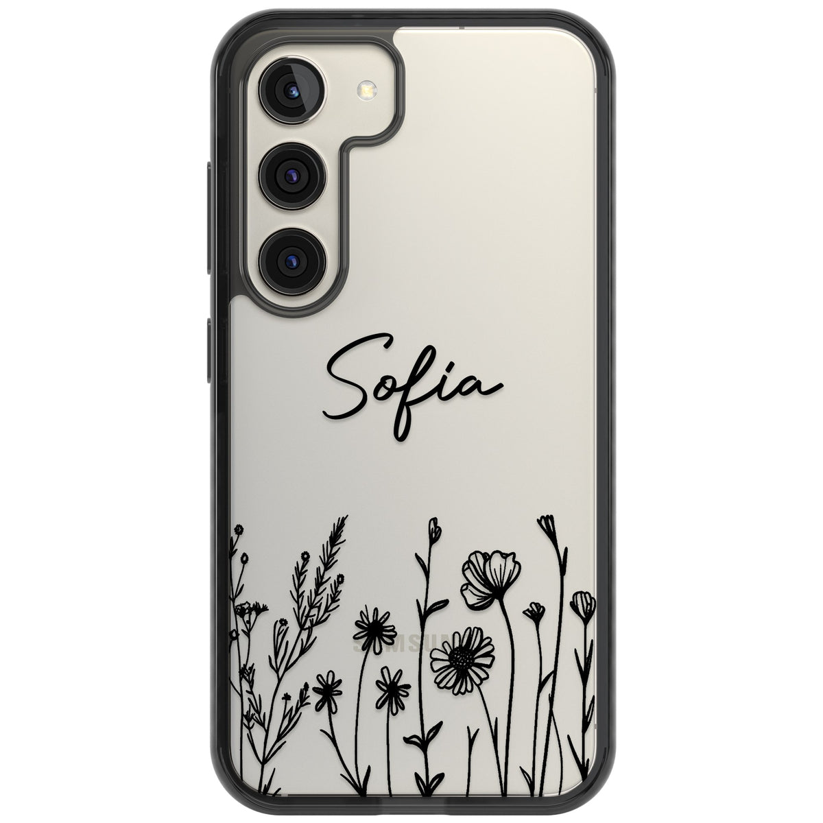 Personalised Black Wildflowers Samsung S22 / Samsung S22 Plus / Samsung S23 / Samsung S23 Plus / Samsung S24 / Samsung S24 Plus Impact Black Phone Case front
