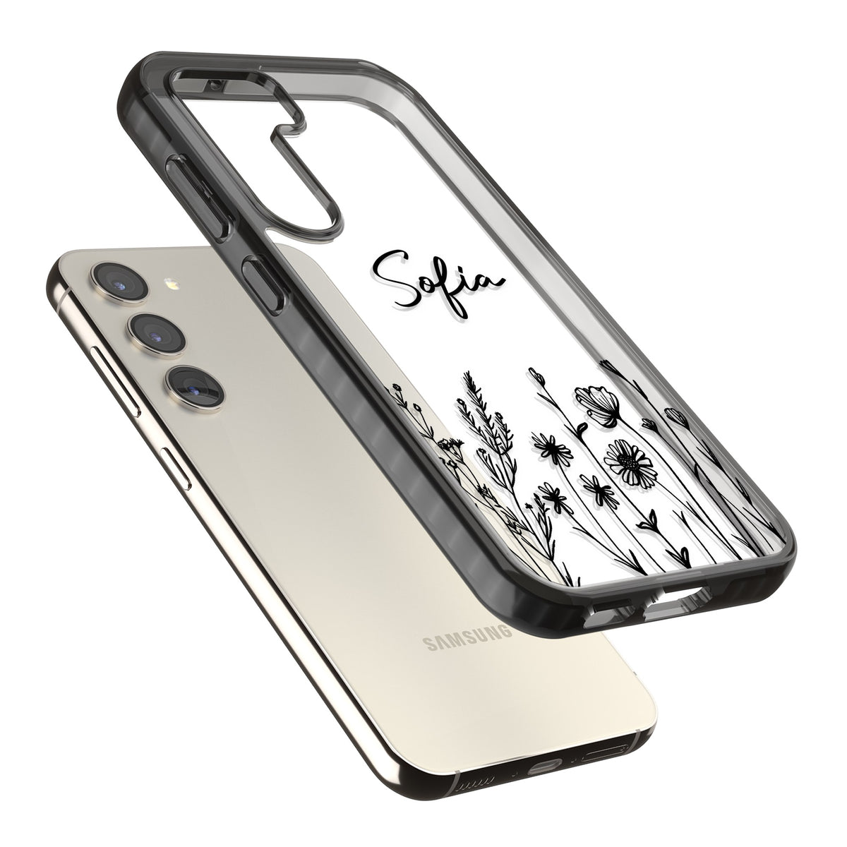 Personalised Black Wildflowers Samsung S22 / Samsung S22 Plus / Samsung S23 / Samsung S23 Plus / Samsung S24 / Samsung S24 Plus Impact Black Phone Case angled