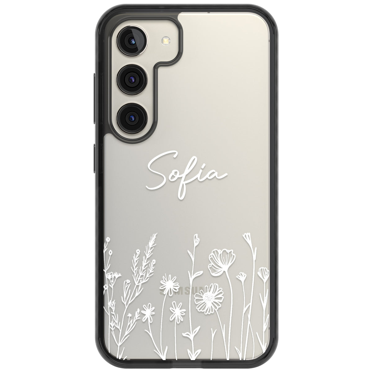 Personalised White Wildflowers Samsung S22 / Samsung S22 Plus / Samsung S23 / Samsung S23 Plus / Samsung S24 / Samsung S24 Plus Impact Black Phone Case front