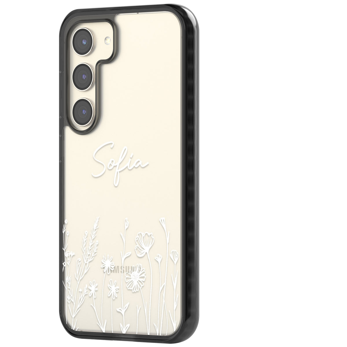 Personalised White Wildflowers Samsung S22 / Samsung S22 Plus / Samsung S23 / Samsung S23 Plus / Samsung S24 / Samsung S24 Plus Impact Black Phone Case side