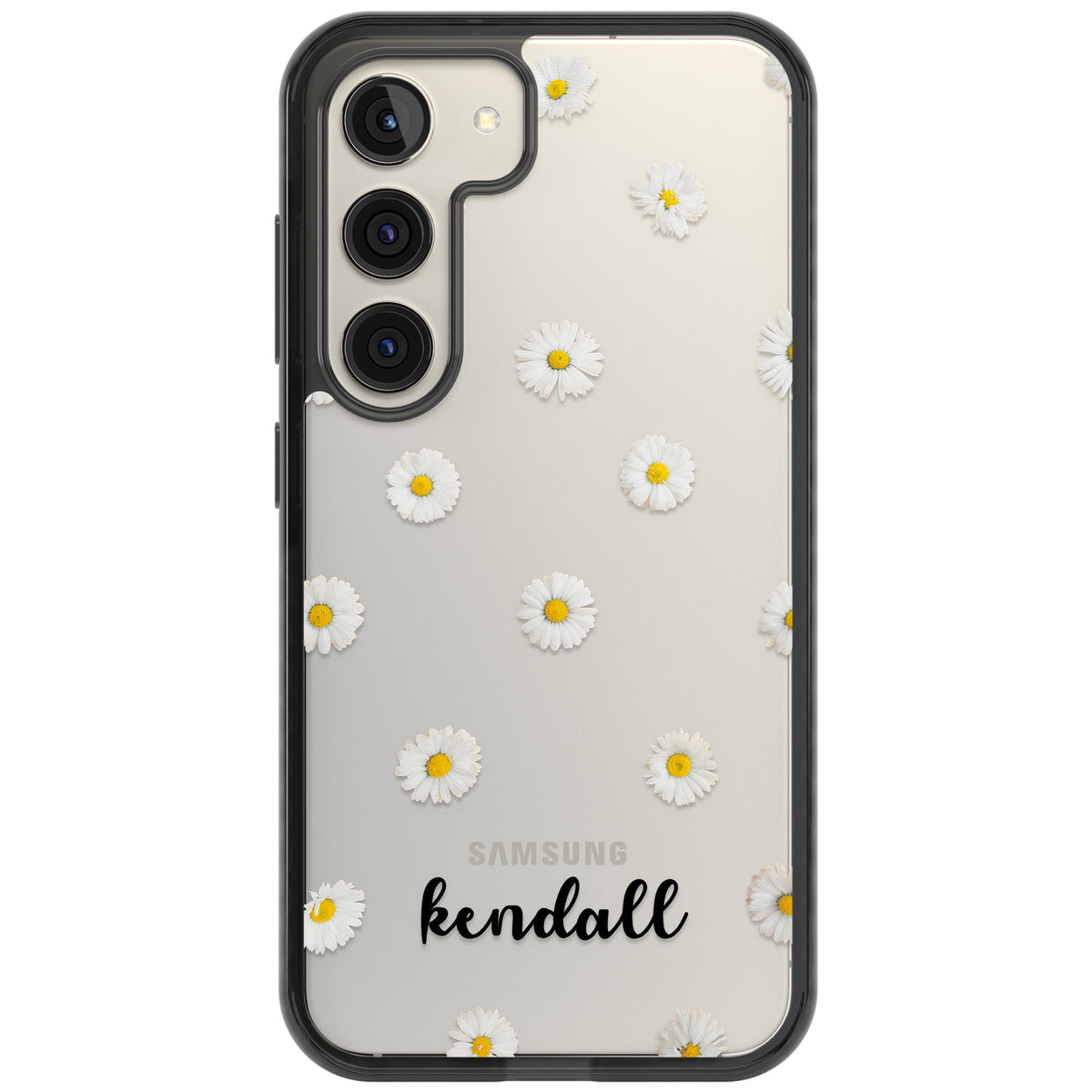 Personalised White Daisies & Cursive Samsung S22 / Samsung S22 Plus / Samsung S23 / Samsung S23 Plus / Samsung S24 / Samsung S24 Plus Impact Black Phone Case front