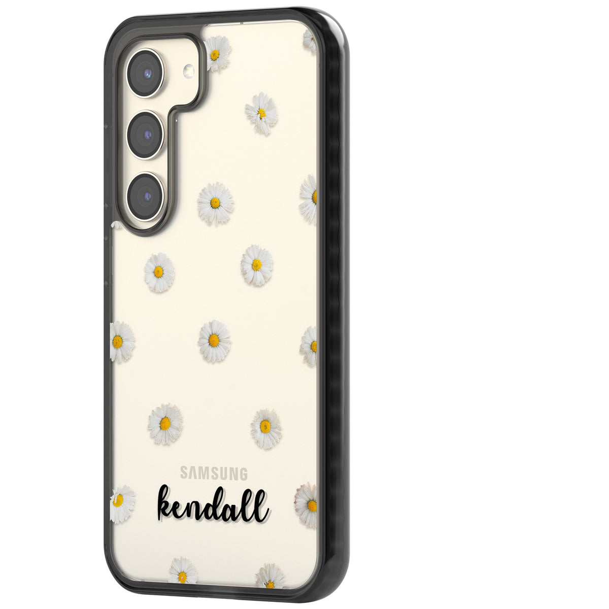 Personalised White Daisies & Cursive Samsung S22 / Samsung S22 Plus / Samsung S23 / Samsung S23 Plus / Samsung S24 / Samsung S24 Plus Impact Black Phone Case side