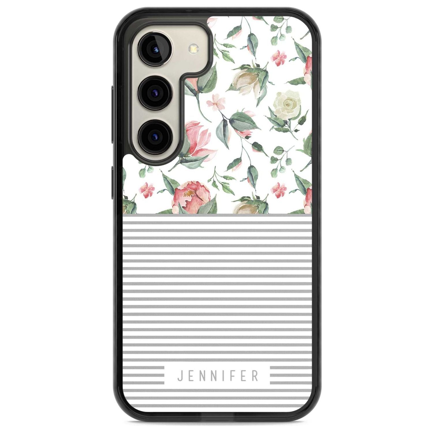 Personalised Light Floral Pattern & Stripes Custom Phone Case Samsung S22 / Black Impact Case,Samsung S23 / Black Impact Case Blanc Space