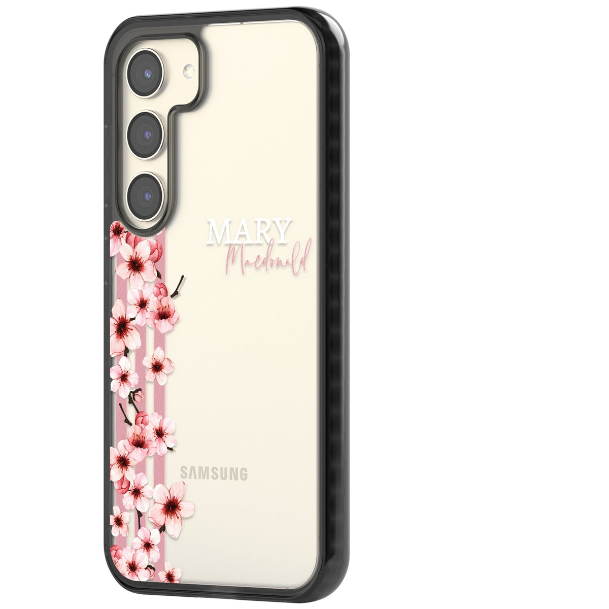 Personalised Cherry Blossom Stripe Samsung S22 / Samsung S22 Plus / Samsung S23 / Samsung S23 Plus / Samsung S24 / Samsung S24 Plus Impact Black Phone Case side
