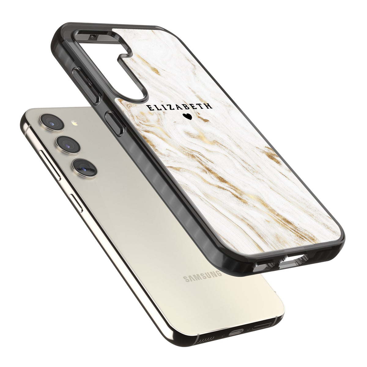 Personalised White Gilded Marble Samsung S22 / Samsung S22 Plus / Samsung S23 / Samsung S23 Plus / Samsung S24 / Samsung S24 Plus Impact Black Phone Case angled