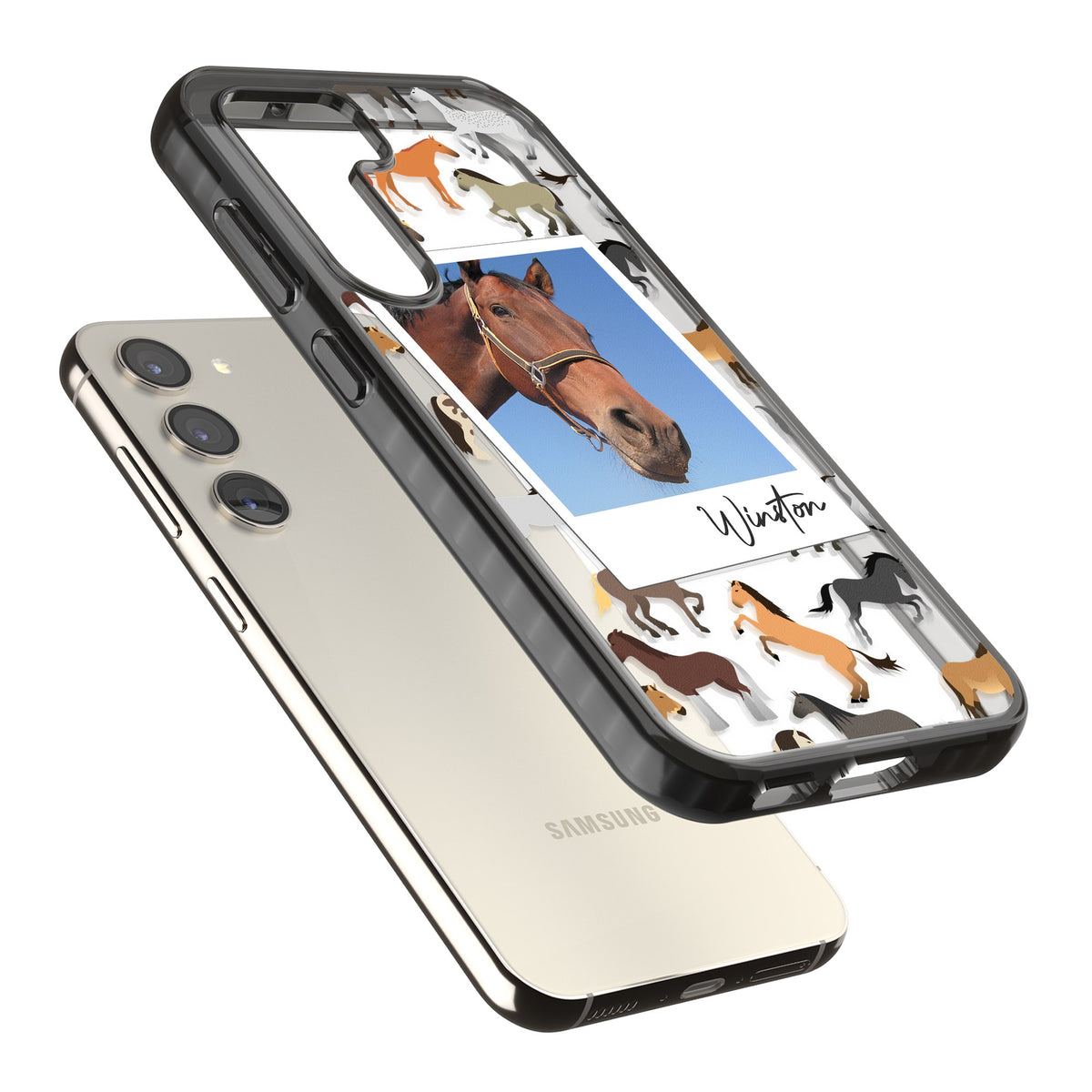Personalised Horse Polaroid Samsung S22 / Samsung S22 Plus / Samsung S23 / Samsung S23 Plus / Samsung S24 / Samsung S24 Plus Impact Black Phone Case angled