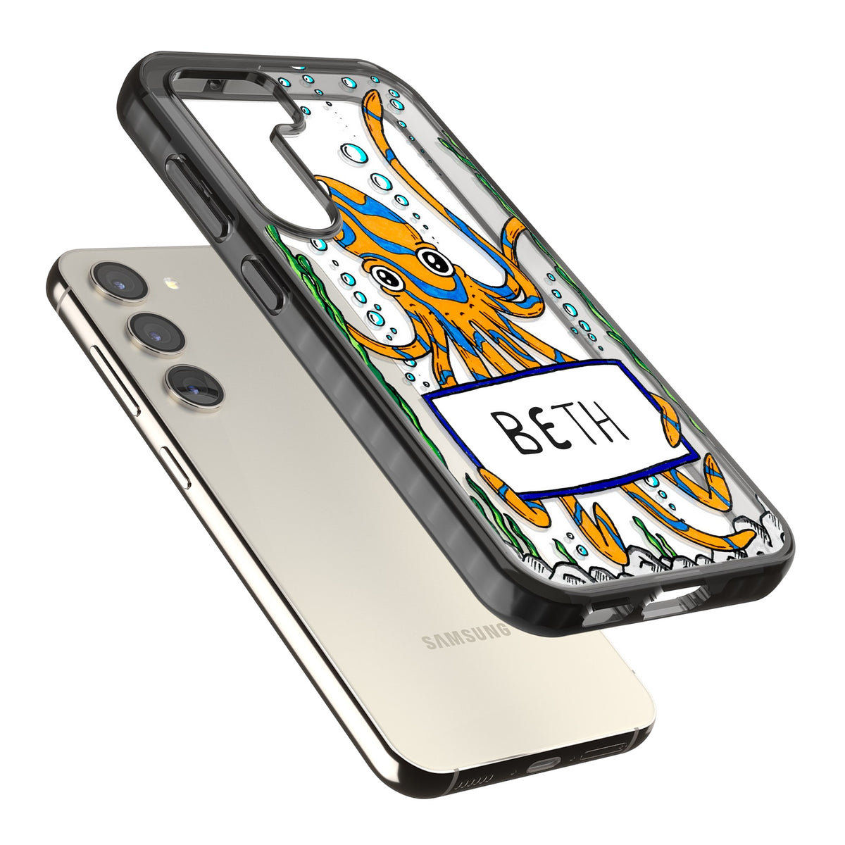 Personalised Octo Samsung S22 / Samsung S22 Plus / Samsung S23 / Samsung S23 Plus / Samsung S24 / Samsung S24 Plus Impact Black Phone Case angled