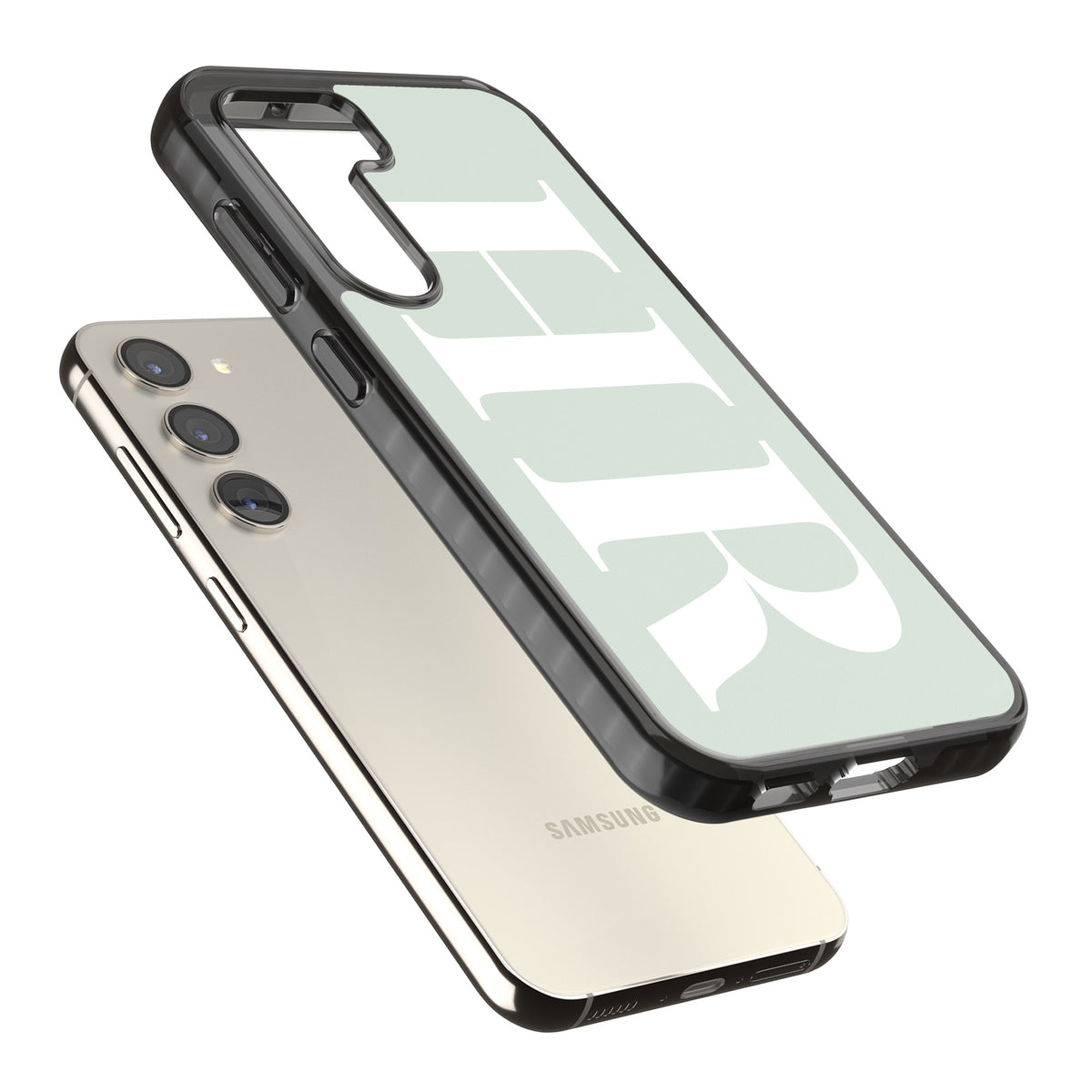 Personalised White & Seafoam Letters Samsung S22 / Samsung S22 Plus / Samsung S23 / Samsung S23 Plus / Samsung S24 / Samsung S24 Plus Impact Black Phone Case angled