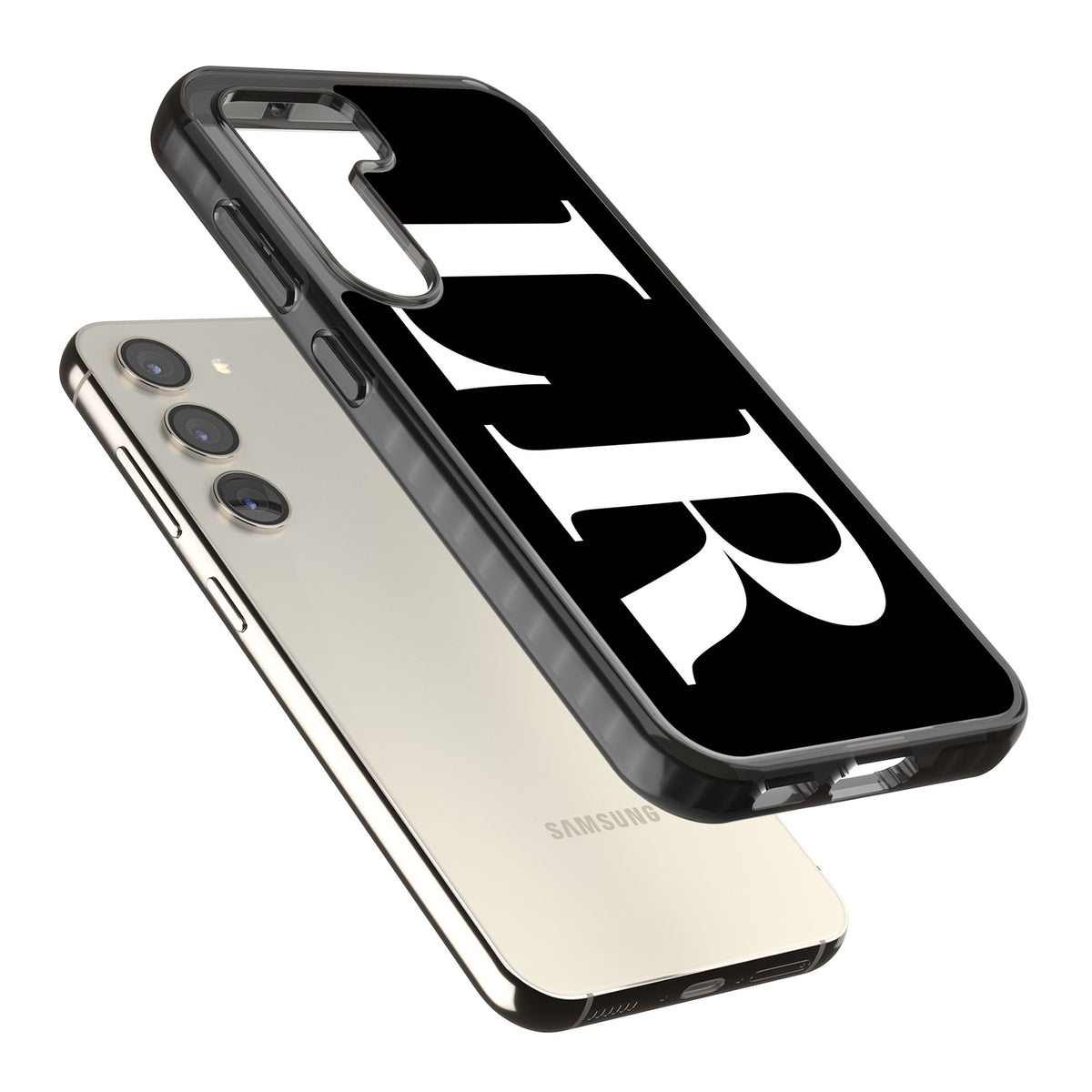 Personalised White & Black Letters Samsung S22 / Samsung S22 Plus / Samsung S23 / Samsung S23 Plus / Samsung S24 / Samsung S24 Plus Impact Black Phone Case angled
