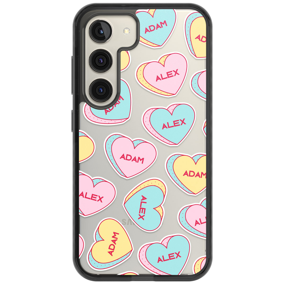 Personalised Love Heart Sweets Samsung S22 / Samsung S22 Plus / Samsung S23 / Samsung S23 Plus / Samsung S24 / Samsung S24 Plus Impact Black Phone Case front