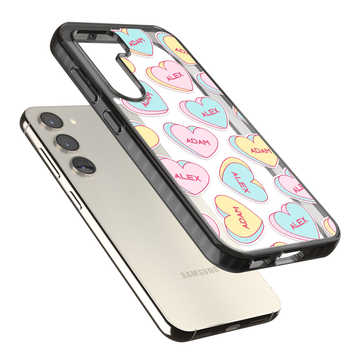 Personalised Love Heart Sweets Samsung S22 / Samsung S22 Plus / Samsung S23 / Samsung S23 Plus / Samsung S24 / Samsung S24 Plus Impact Black Phone Case angled