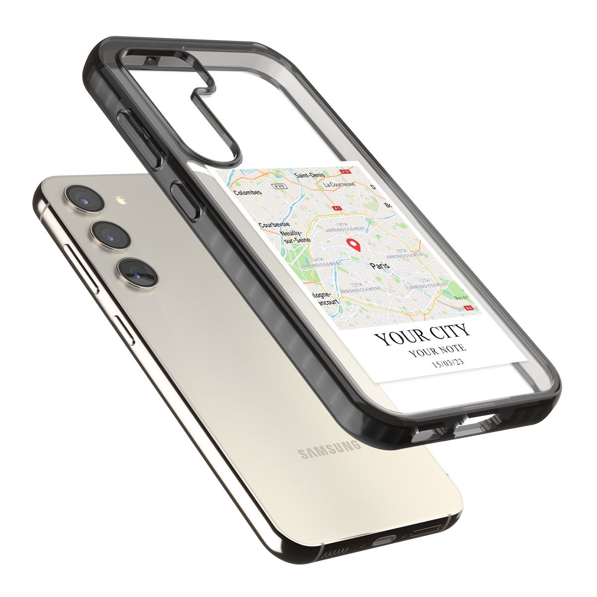 Personalised World Map Samsung S22 / Samsung S22 Plus / Samsung S23 / Samsung S23 Plus / Samsung S24 / Samsung S24 Plus Impact Black Phone Case angled