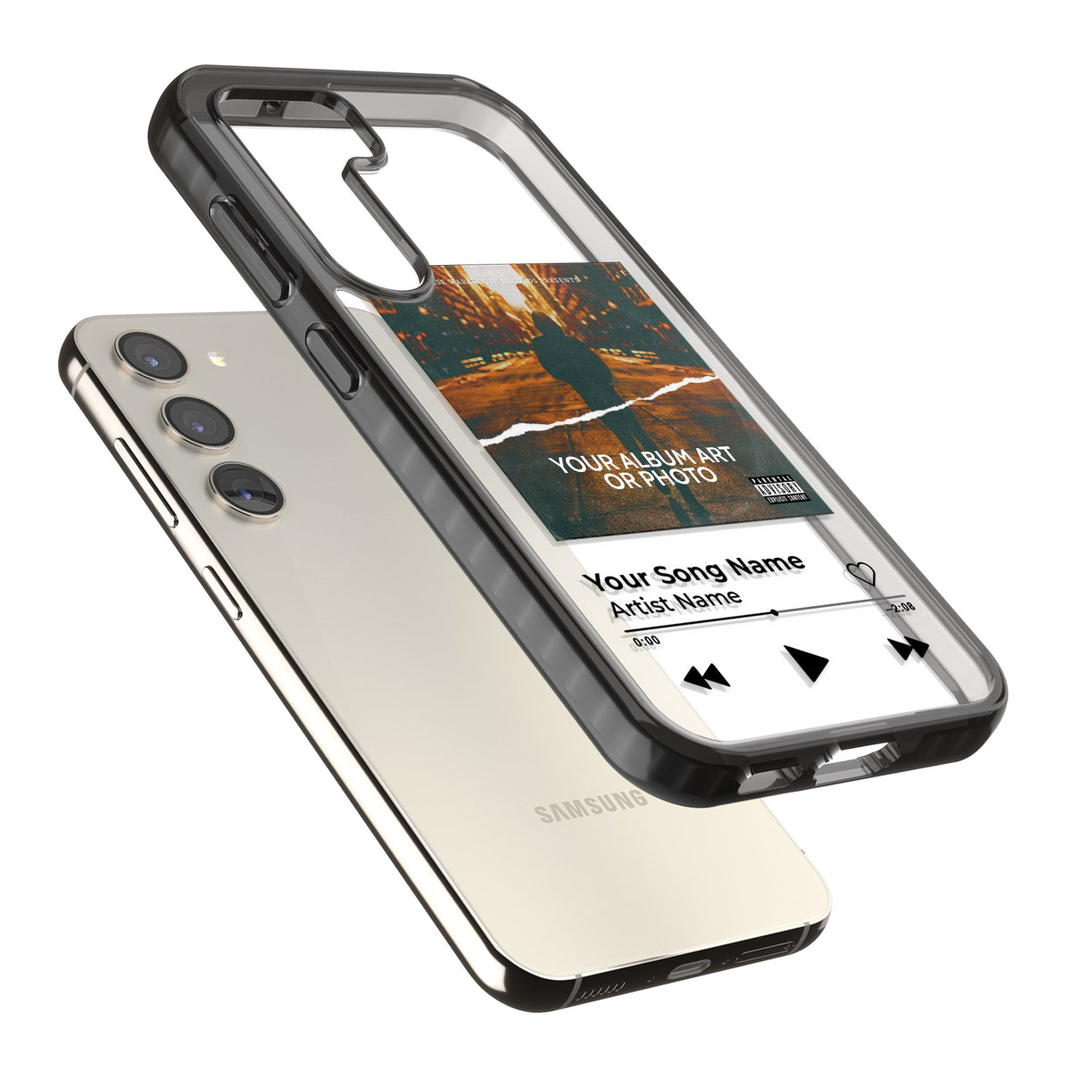 Personalised Music Player Samsung S22 / Samsung S22 Plus / Samsung S23 / Samsung S23 Plus / Samsung S24 / Samsung S24 Plus Impact Black Phone Case angled