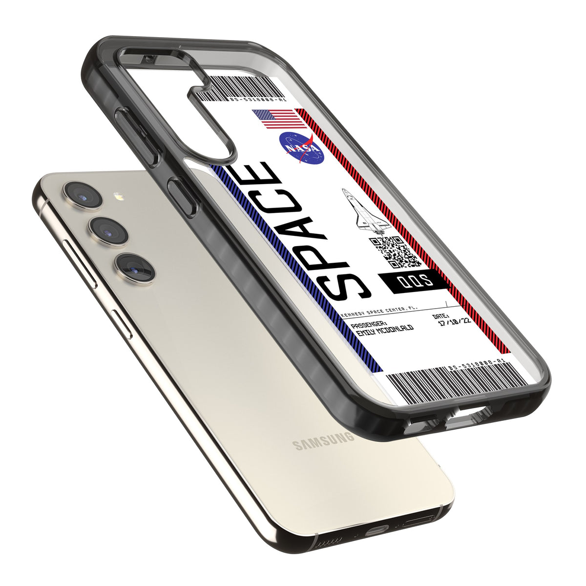 Personalised Nasa Boarding Pass (Light) Samsung S22 / Samsung S22 Plus / Samsung S23 / Samsung S23 Plus / Samsung S24 / Samsung S24 Plus Impact Black Phone Case angled