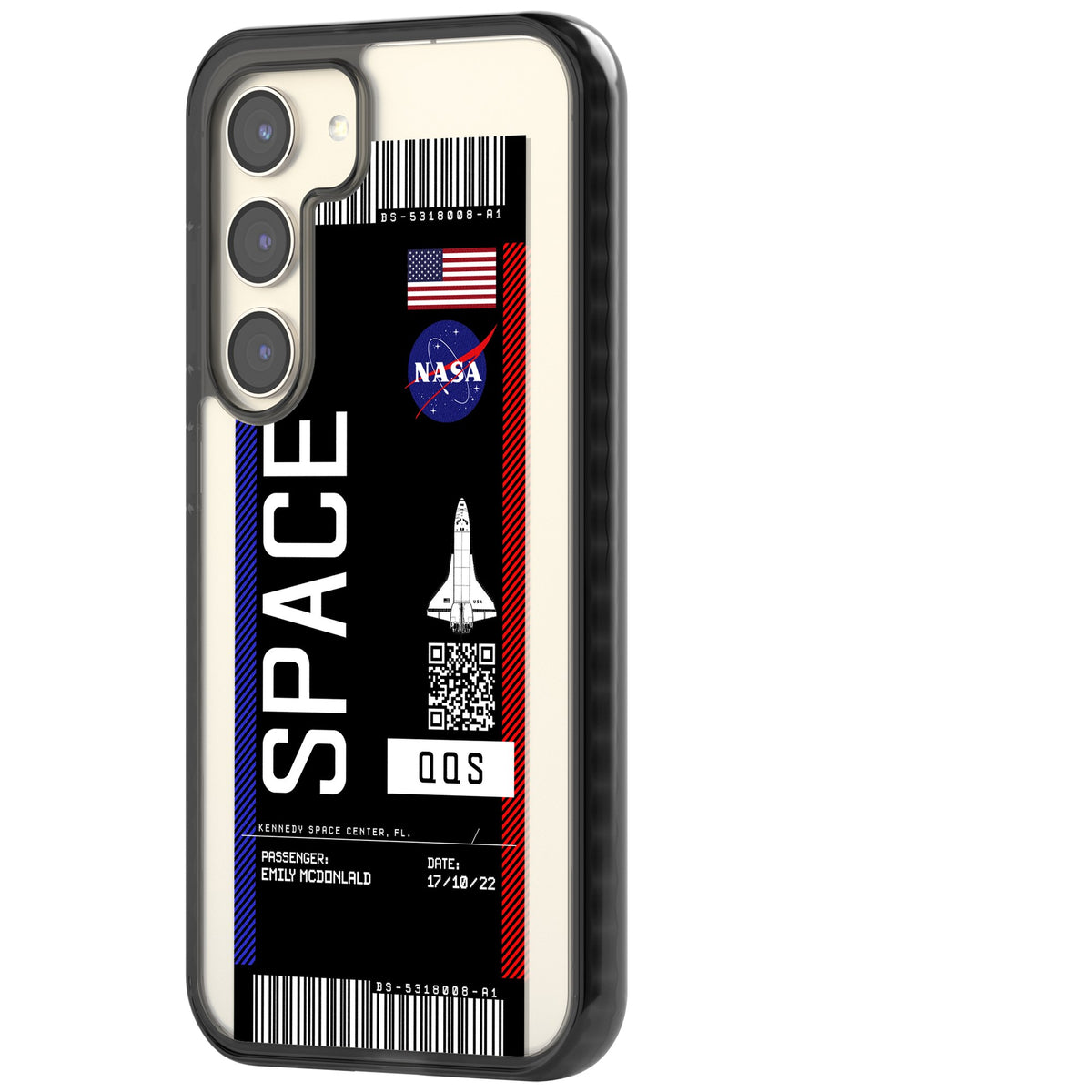 Personalised Nasa Boarding Pass (Dark) Samsung S22 / Samsung S22 Plus / Samsung S23 / Samsung S23 Plus / Samsung S24 / Samsung S24 Plus Impact Black Phone Case side
