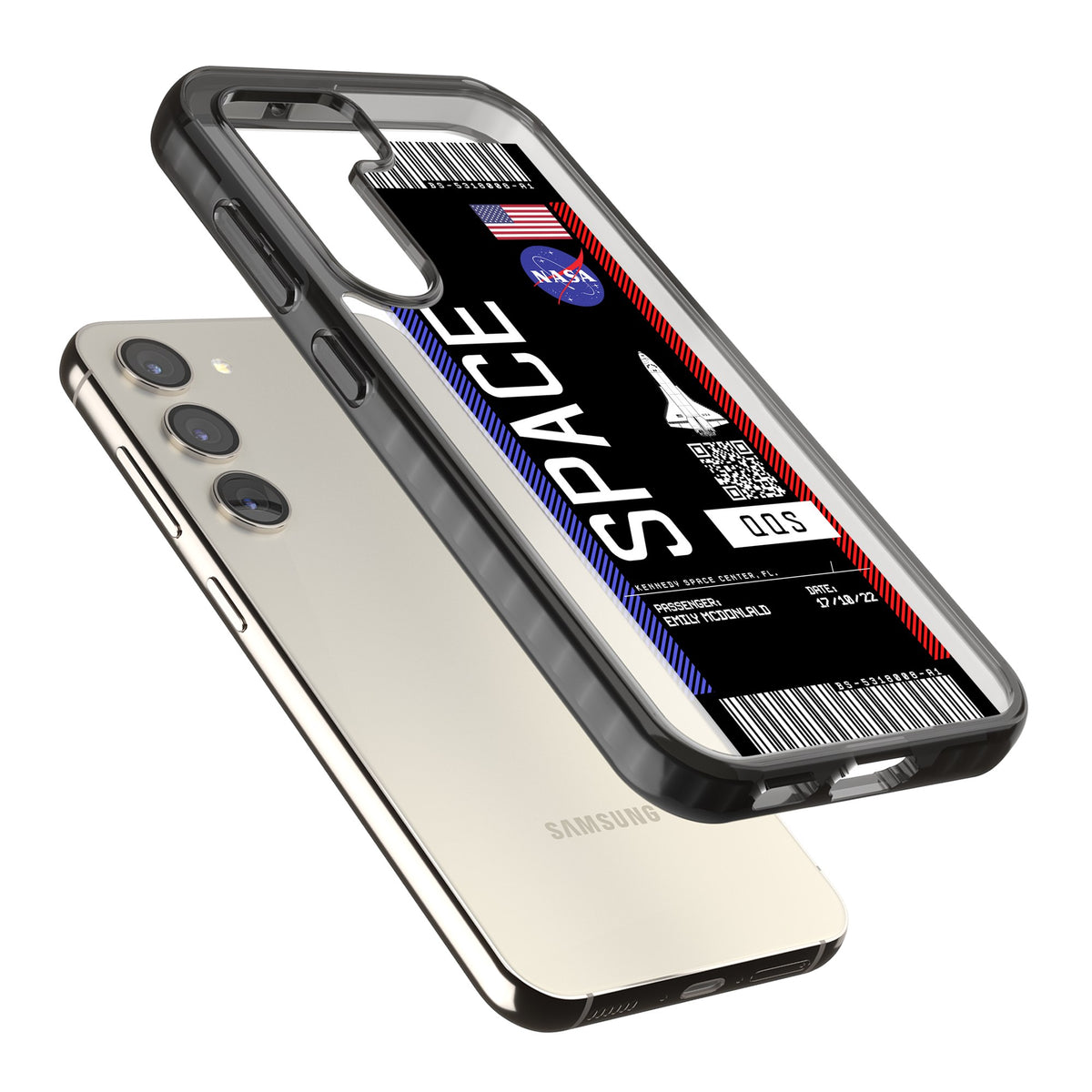 Personalised Nasa Boarding Pass (Dark) Samsung S22 / Samsung S22 Plus / Samsung S23 / Samsung S23 Plus / Samsung S24 / Samsung S24 Plus Impact Black Phone Case angled