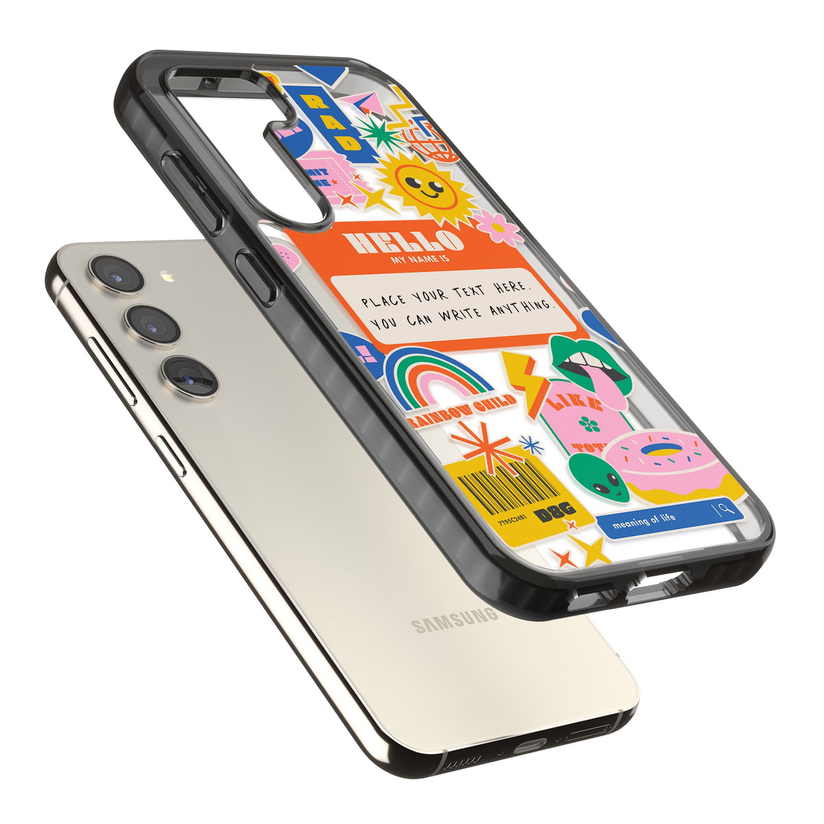 Personalised Retro Nametag Sticker Samsung S22 / Samsung S22 Plus / Samsung S23 / Samsung S23 Plus / Samsung S24 / Samsung S24 Plus Impact Black Phone Case angled