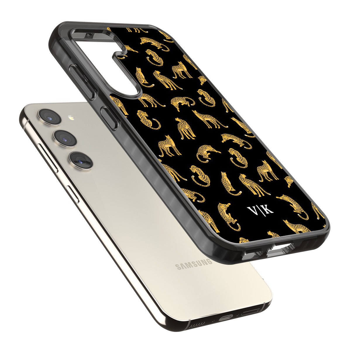 Personalised Safari Cheetahs Samsung S22 / Samsung S22 Plus / Samsung S23 / Samsung S23 Plus / Samsung S24 / Samsung S24 Plus Impact Black Phone Case angled