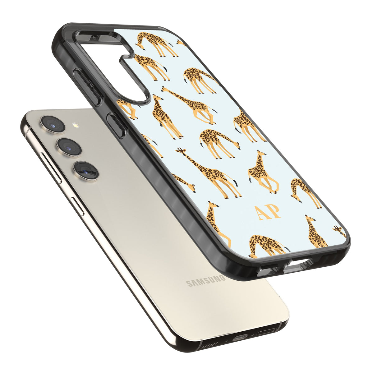 Personalised Safari Giraffe Samsung S22 / Samsung S22 Plus / Samsung S23 / Samsung S23 Plus / Samsung S24 / Samsung S24 Plus Impact Black Phone Case angled