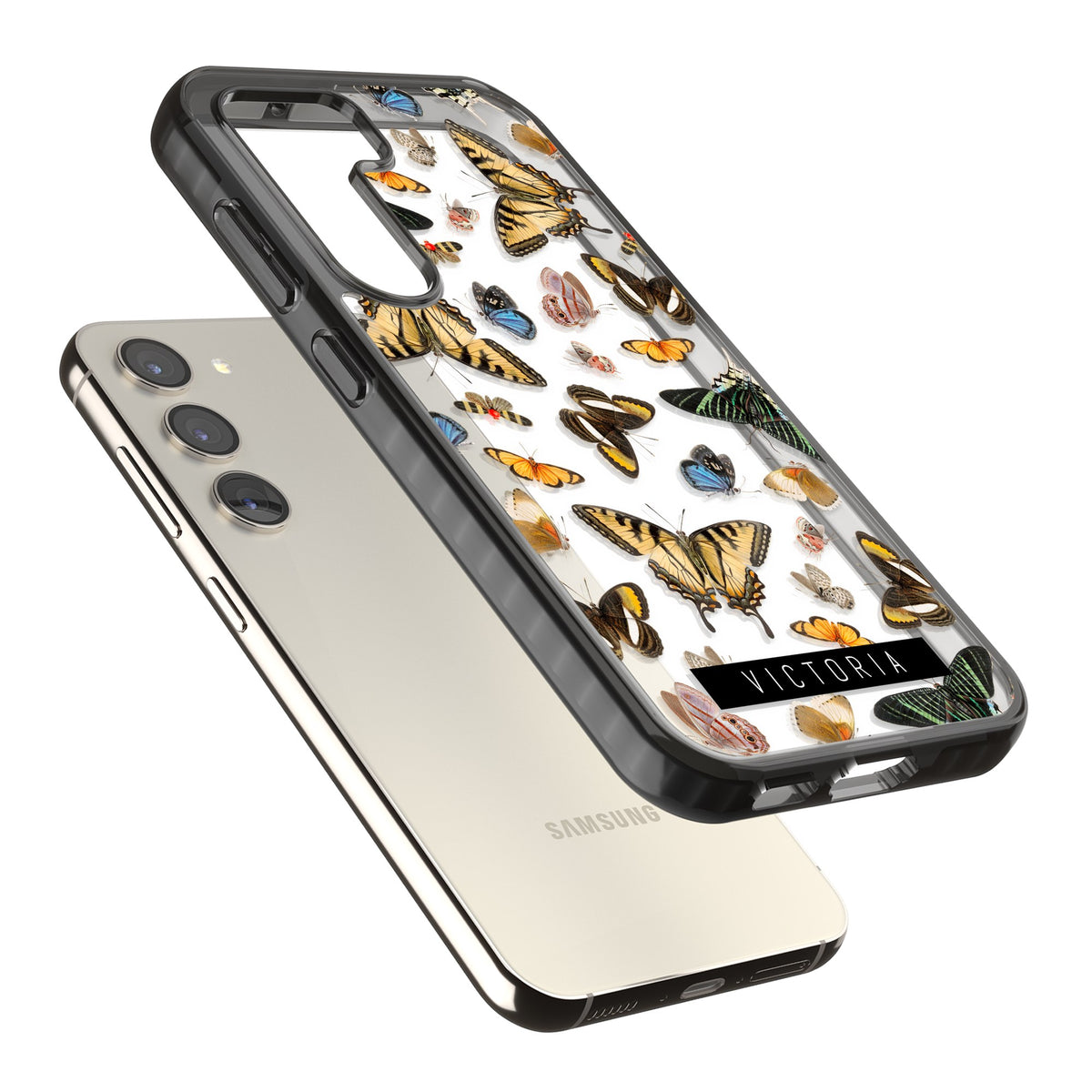 Personalised Butterfly Archive Samsung S22 / Samsung S22 Plus / Samsung S23 / Samsung S23 Plus / Samsung S24 / Samsung S24 Plus Impact Black Phone Case angled