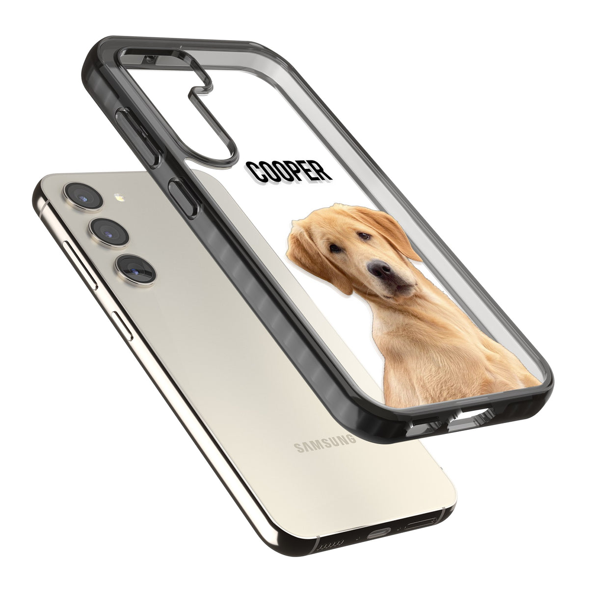 Personalised Pet Cutout & Name Samsung S22 / Samsung S22 Plus / Samsung S23 / Samsung S23 Plus / Samsung S24 / Samsung S24 Plus Impact Black Phone Case angled