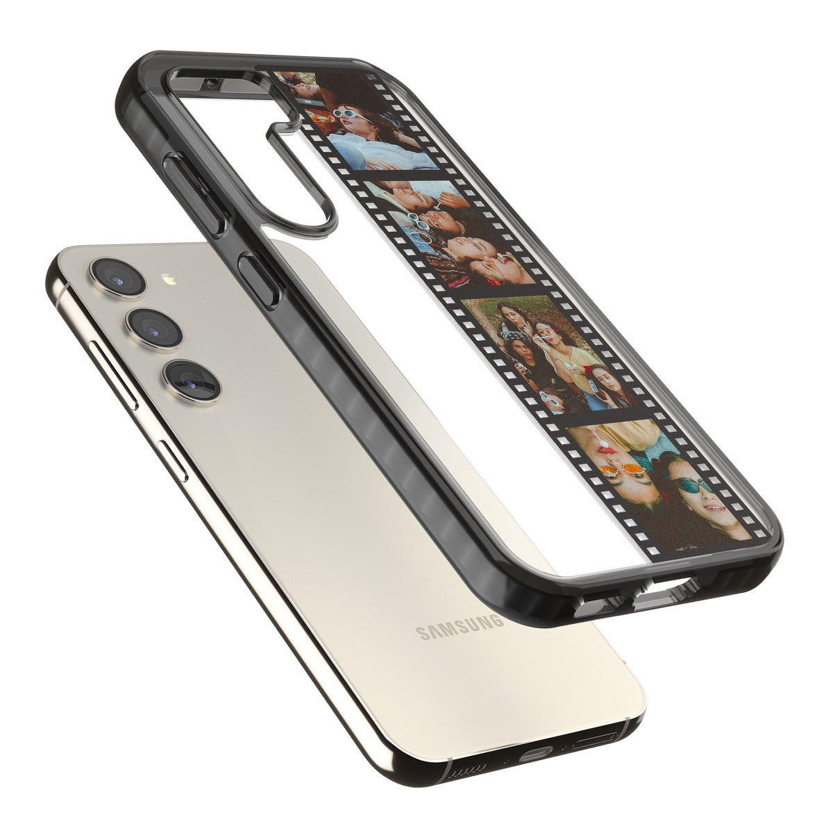 Personalised Photo Film Strip Samsung S22 / Samsung S22 Plus / Samsung S23 / Samsung S23 Plus / Samsung S24 / Samsung S24 Plus Impact Black Phone Case angled