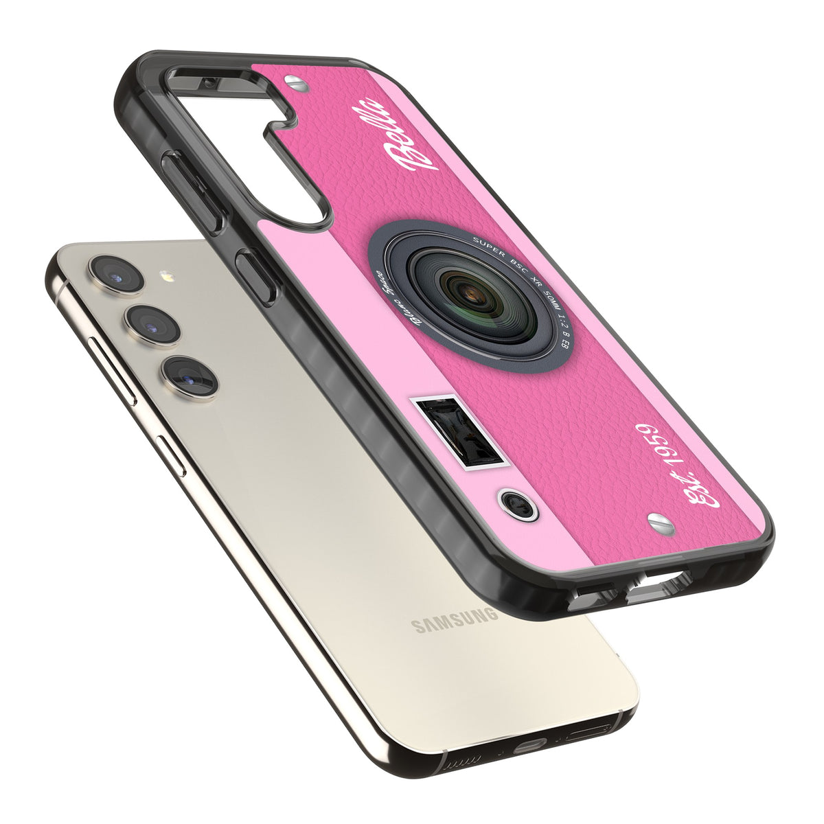 Personalised Pink Dream Camera Samsung S22 / Samsung S22 Plus / Samsung S23 / Samsung S23 Plus / Samsung S24 / Samsung S24 Plus Impact Black Phone Case angled