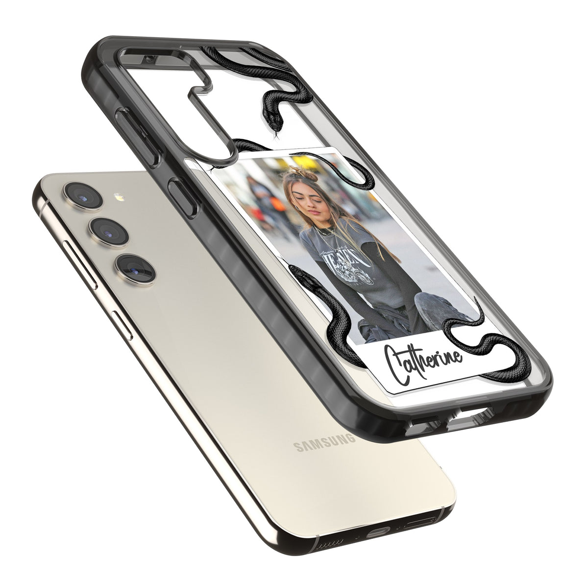 Personalised Snake Instant Photo Samsung S22 / Samsung S22 Plus / Samsung S23 / Samsung S23 Plus / Samsung S24 / Samsung S24 Plus Impact Black Phone Case angled
