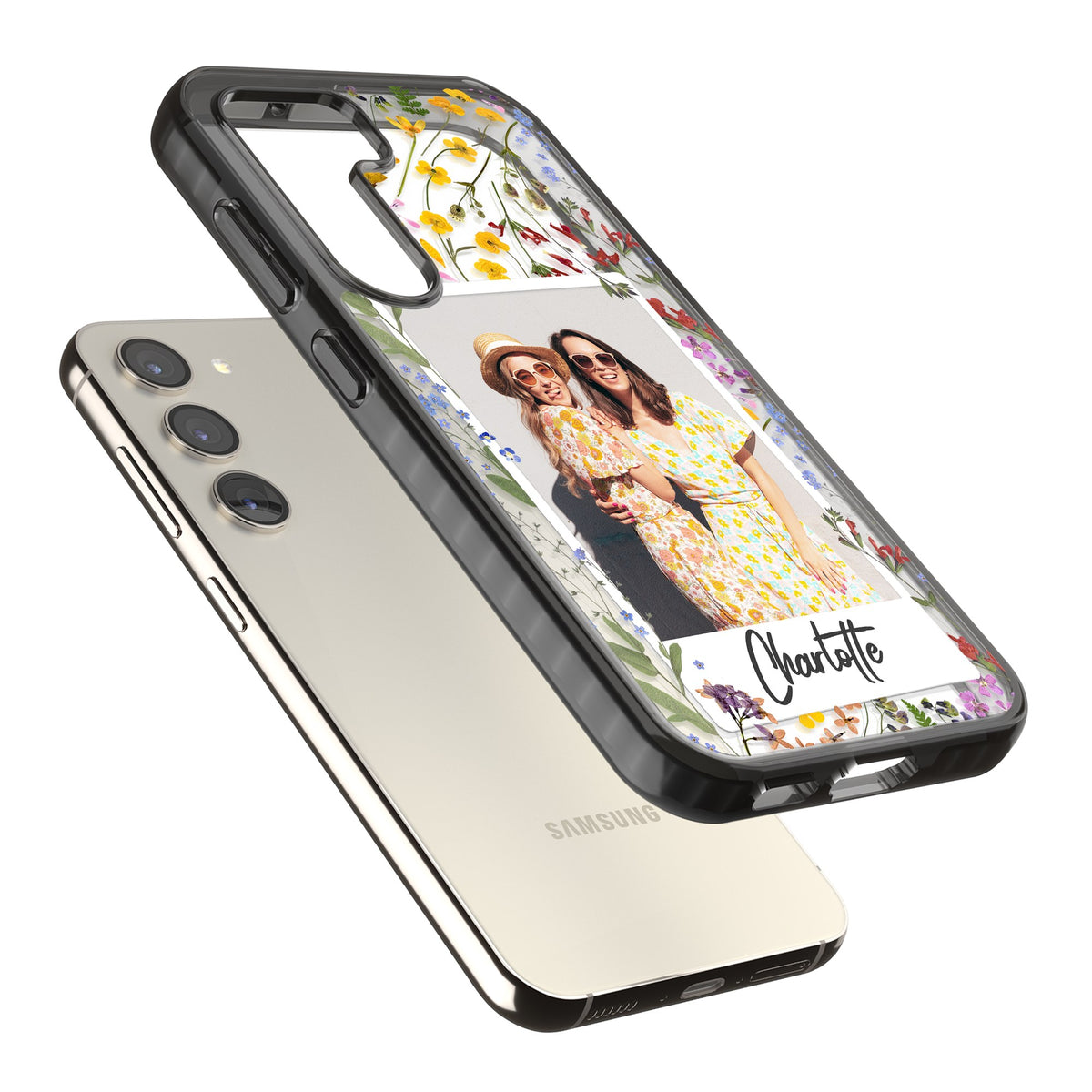 Personalised Wildflower Polaroid Samsung S22 / Samsung S22 Plus / Samsung S23 / Samsung S23 Plus / Samsung S24 / Samsung S24 Plus Impact Black Phone Case angled