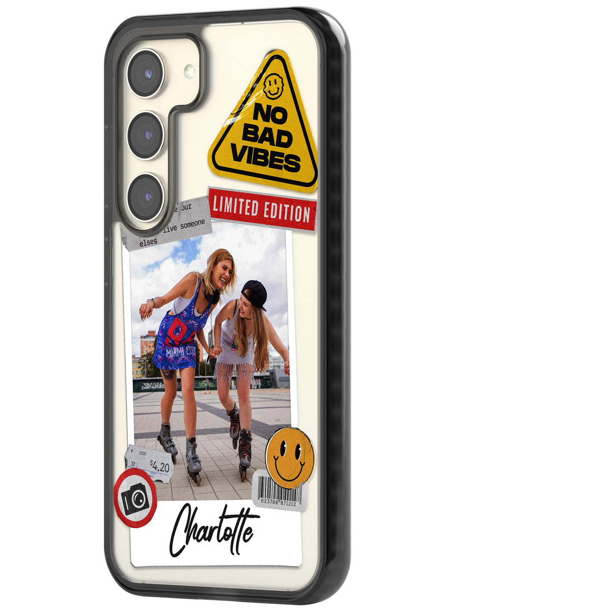 Personalised Sticker Mix Instant Photo Samsung S22 / Samsung S22 Plus / Samsung S23 / Samsung S23 Plus / Samsung S24 / Samsung S24 Plus Impact Black Phone Case side